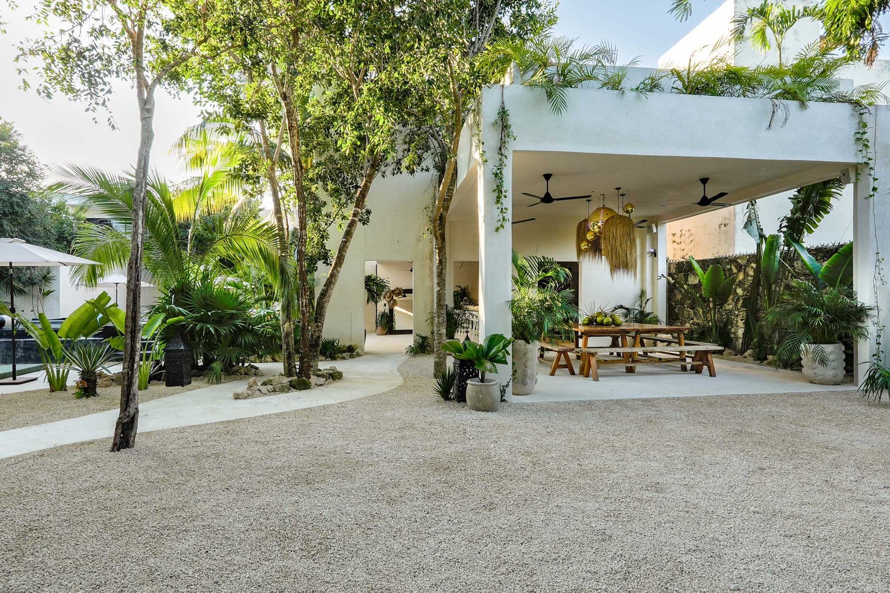 Gravel garden and covered dining area with palm lamps