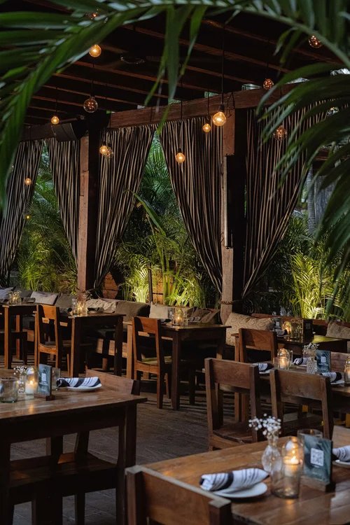 Tables between curtains and lit palms