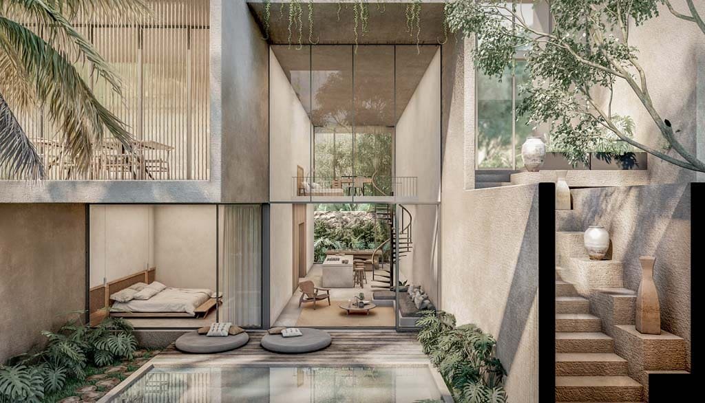 Render del patio con alberca y doble altura
