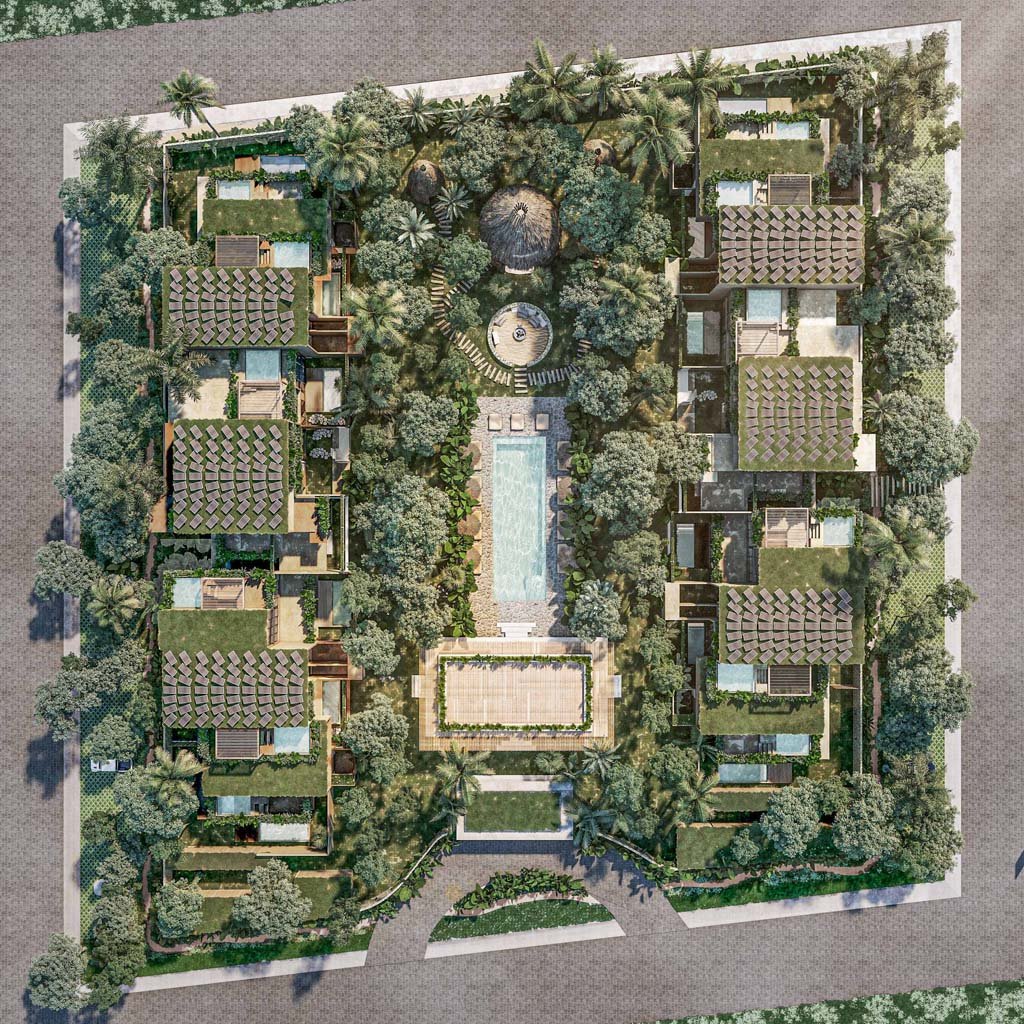 Render de la planta del conjunto con alberca central